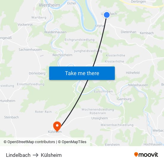 Lindelbach to Külsheim map