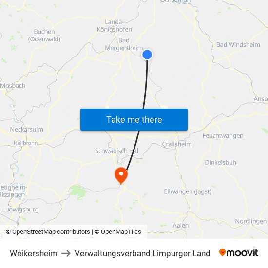 Weikersheim to Verwaltungsverband Limpurger Land map