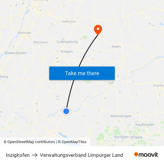 Inzigkofen to Verwaltungsverband Limpurger Land map