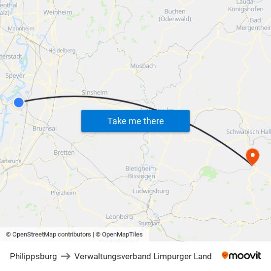 Philippsburg to Verwaltungsverband Limpurger Land map