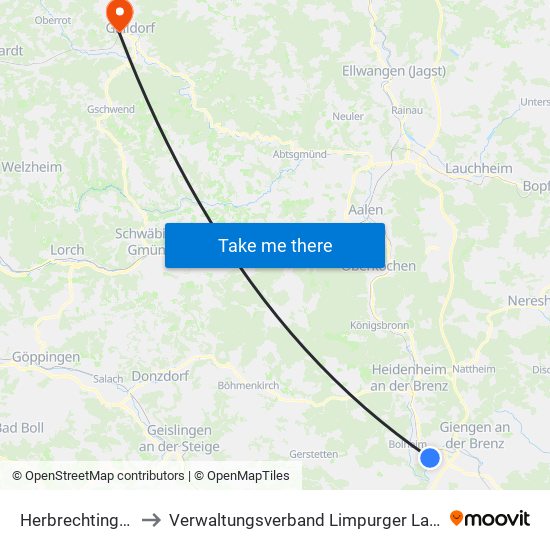 Herbrechtingen to Verwaltungsverband Limpurger Land map