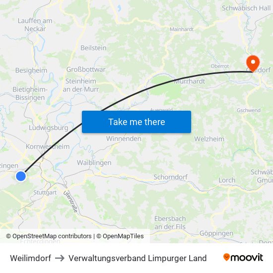 Weilimdorf to Verwaltungsverband Limpurger Land map