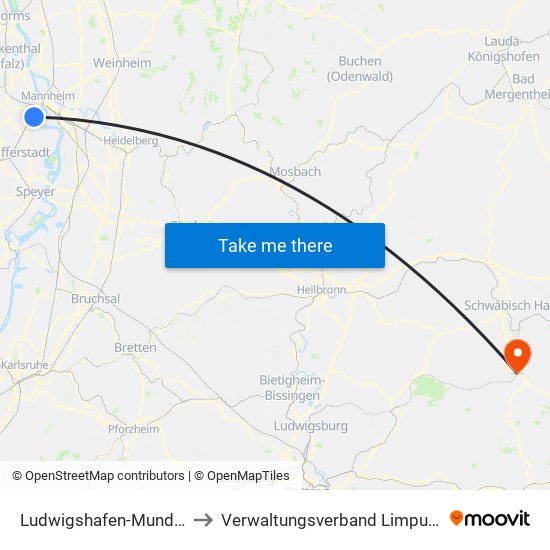 Ludwigshafen-Mundenheim to Verwaltungsverband Limpurger Land map