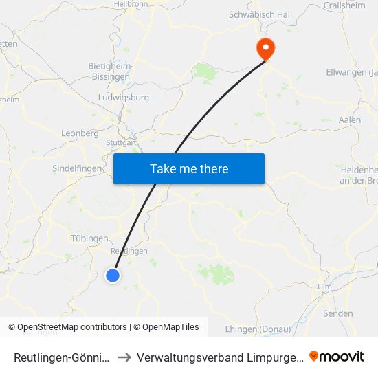 Reutlingen-Gönningen to Verwaltungsverband Limpurger Land map