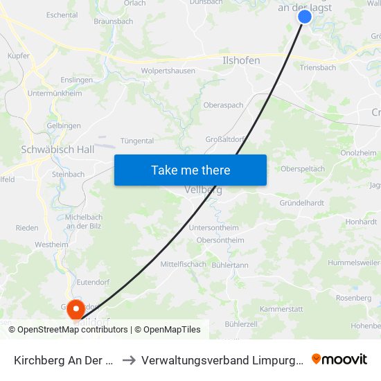 Kirchberg An Der Jagst to Verwaltungsverband Limpurger Land map