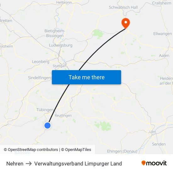 Nehren to Verwaltungsverband Limpurger Land map