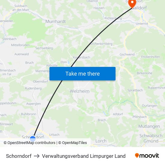 Schorndorf to Verwaltungsverband Limpurger Land map