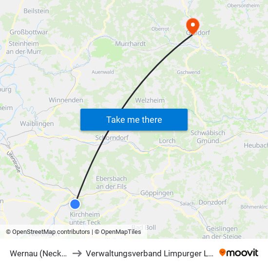 Wernau (Neckar) to Verwaltungsverband Limpurger Land map