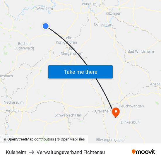 Külsheim to Verwaltungsverband Fichtenau map