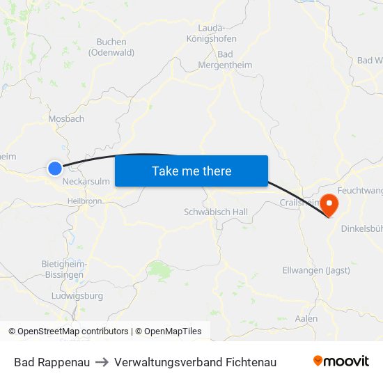 Bad Rappenau to Verwaltungsverband Fichtenau map