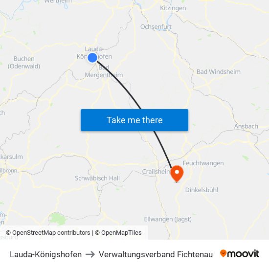 Lauda-Königshofen to Verwaltungsverband Fichtenau map