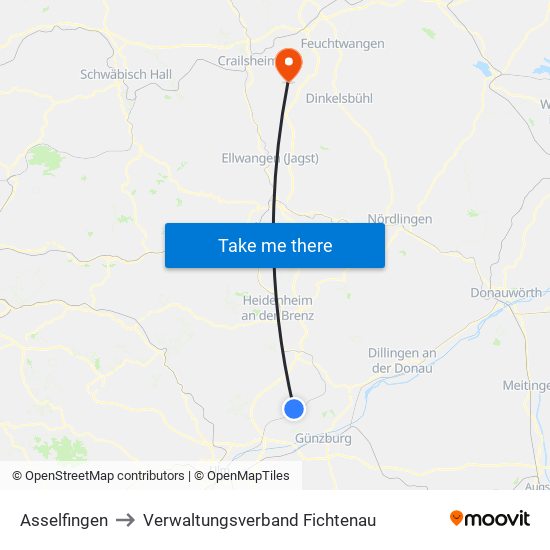 Asselfingen to Verwaltungsverband Fichtenau map