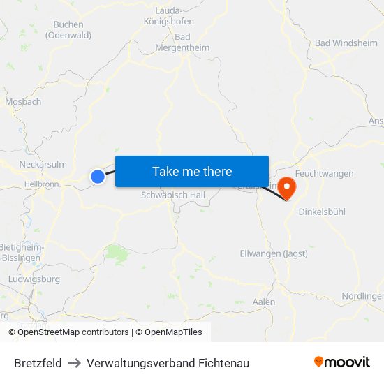 Bretzfeld to Verwaltungsverband Fichtenau map