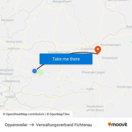 Oppenweiler to Verwaltungsverband Fichtenau map