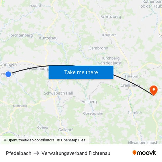 Pfedelbach to Verwaltungsverband Fichtenau map