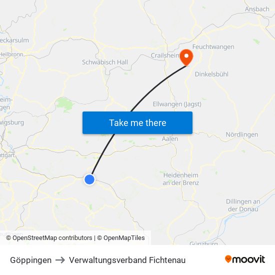 Göppingen to Verwaltungsverband Fichtenau map