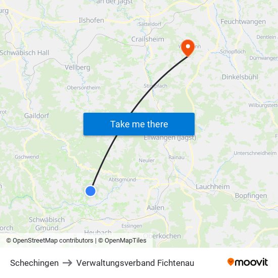 Schechingen to Verwaltungsverband Fichtenau map