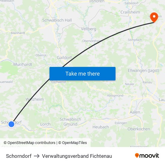Schorndorf to Verwaltungsverband Fichtenau map