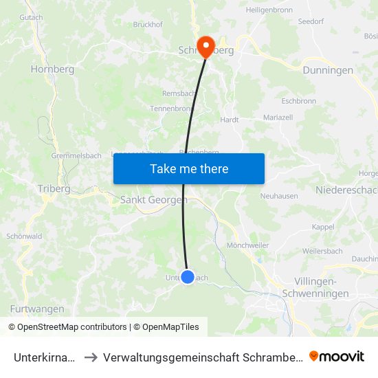 Unterkirnach to Verwaltungsgemeinschaft Schramberg map