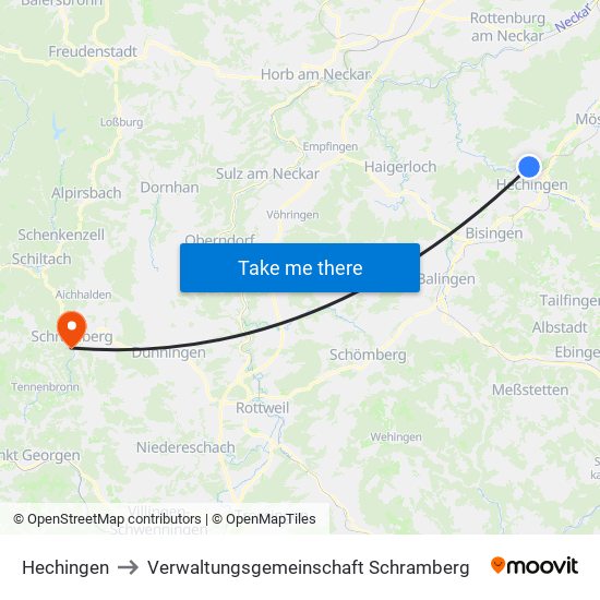 Hechingen to Verwaltungsgemeinschaft Schramberg map