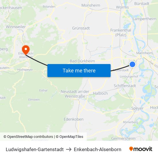 Ludwigshafen-Gartenstadt to Enkenbach-Alsenborn map