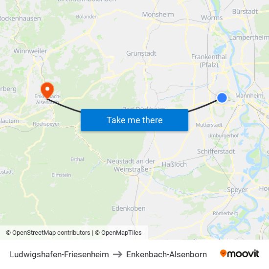 Ludwigshafen-Friesenheim to Enkenbach-Alsenborn map