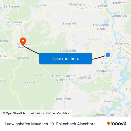 Ludwigshafen-Maudach to Enkenbach-Alsenborn map