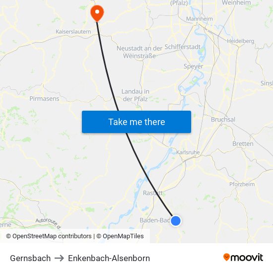 Gernsbach to Enkenbach-Alsenborn map
