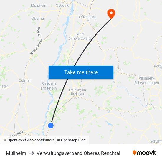 Müllheim to Verwaltungsverband Oberes Renchtal map