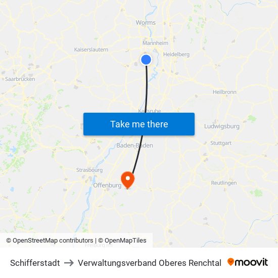 Schifferstadt to Verwaltungsverband Oberes Renchtal map