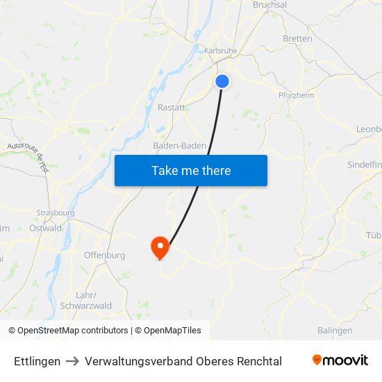 Ettlingen to Verwaltungsverband Oberes Renchtal map