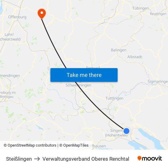 Steißlingen to Verwaltungsverband Oberes Renchtal map