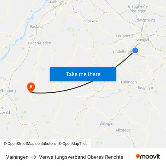 Vaihingen to Verwaltungsverband Oberes Renchtal map