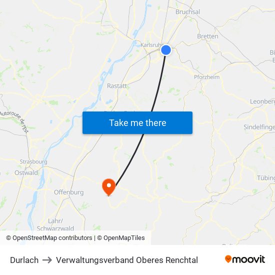 Durlach to Verwaltungsverband Oberes Renchtal map