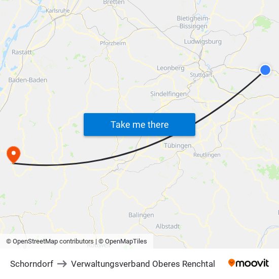 Schorndorf to Verwaltungsverband Oberes Renchtal map