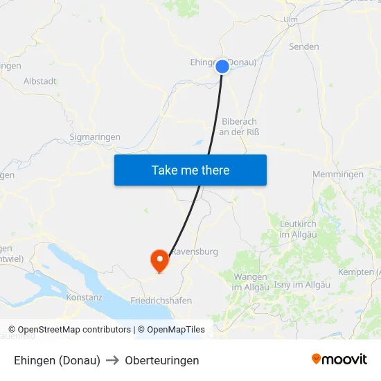 Ehingen (Donau) to Oberteuringen map