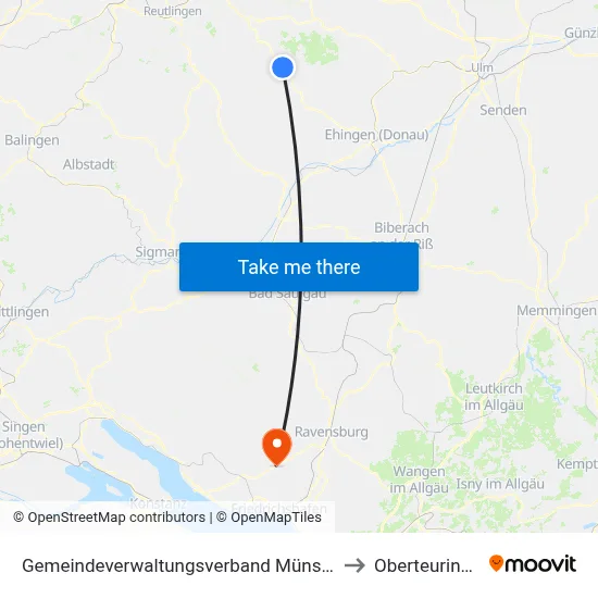 Gemeindeverwaltungsverband Münsingen to Oberteuringen map