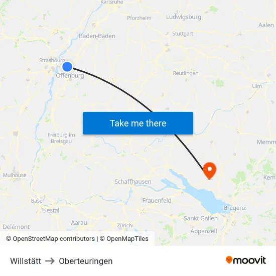 Willstätt to Oberteuringen map