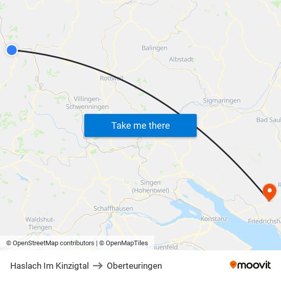 Haslach Im Kinzigtal to Oberteuringen map