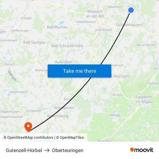 Gutenzell-Hürbel to Oberteuringen map