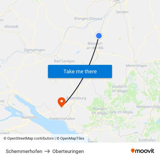 Schemmerhofen to Oberteuringen map