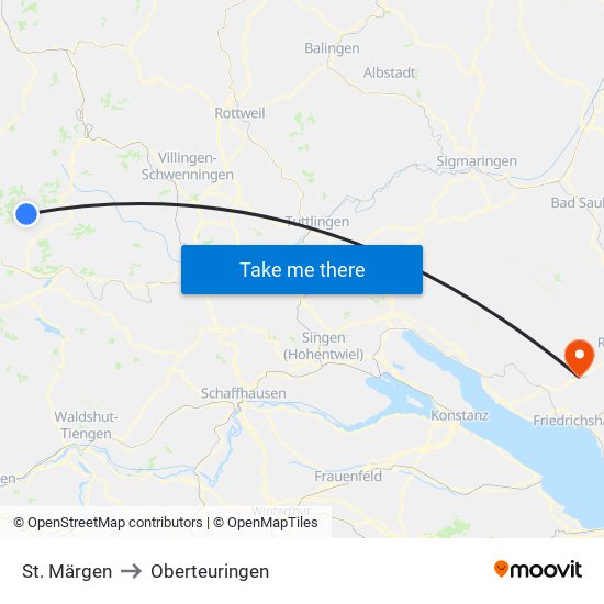 St. Märgen to Oberteuringen map