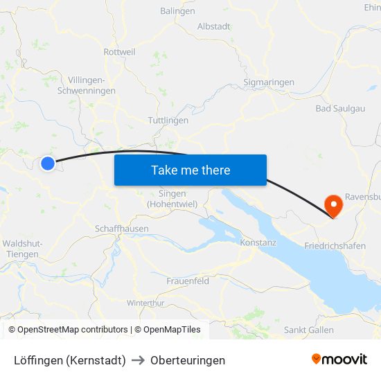 Löffingen (Kernstadt) to Oberteuringen map