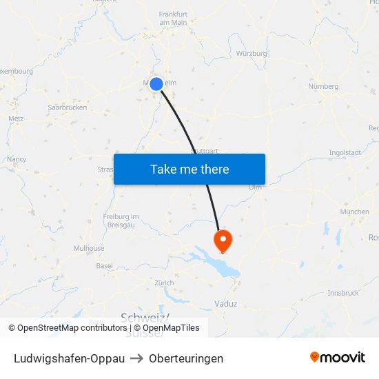 Ludwigshafen-Oppau to Oberteuringen map