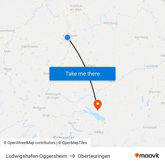 Ludwigshafen-Oggersheim to Oberteuringen map