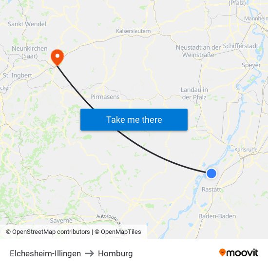 Elchesheim-Illingen to Homburg map