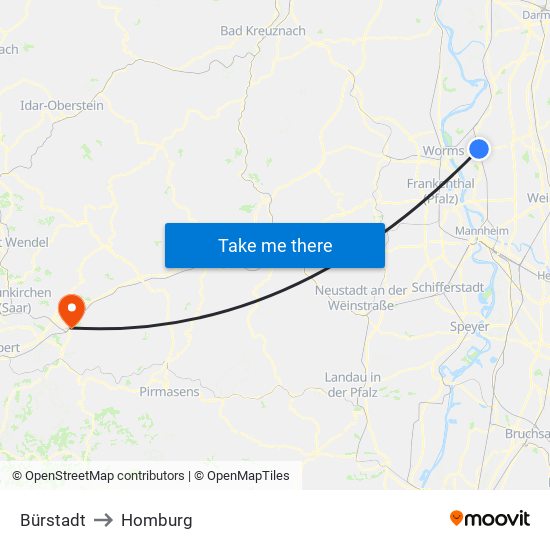 Bürstadt to Homburg map
