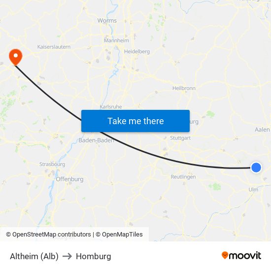 Altheim (Alb) to Homburg map