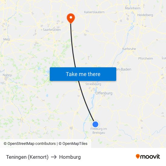 Teningen (Kernort) to Homburg map