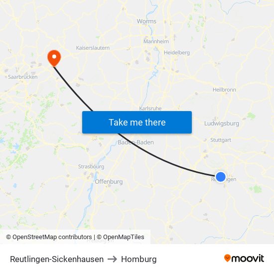 Reutlingen-Sickenhausen to Homburg map